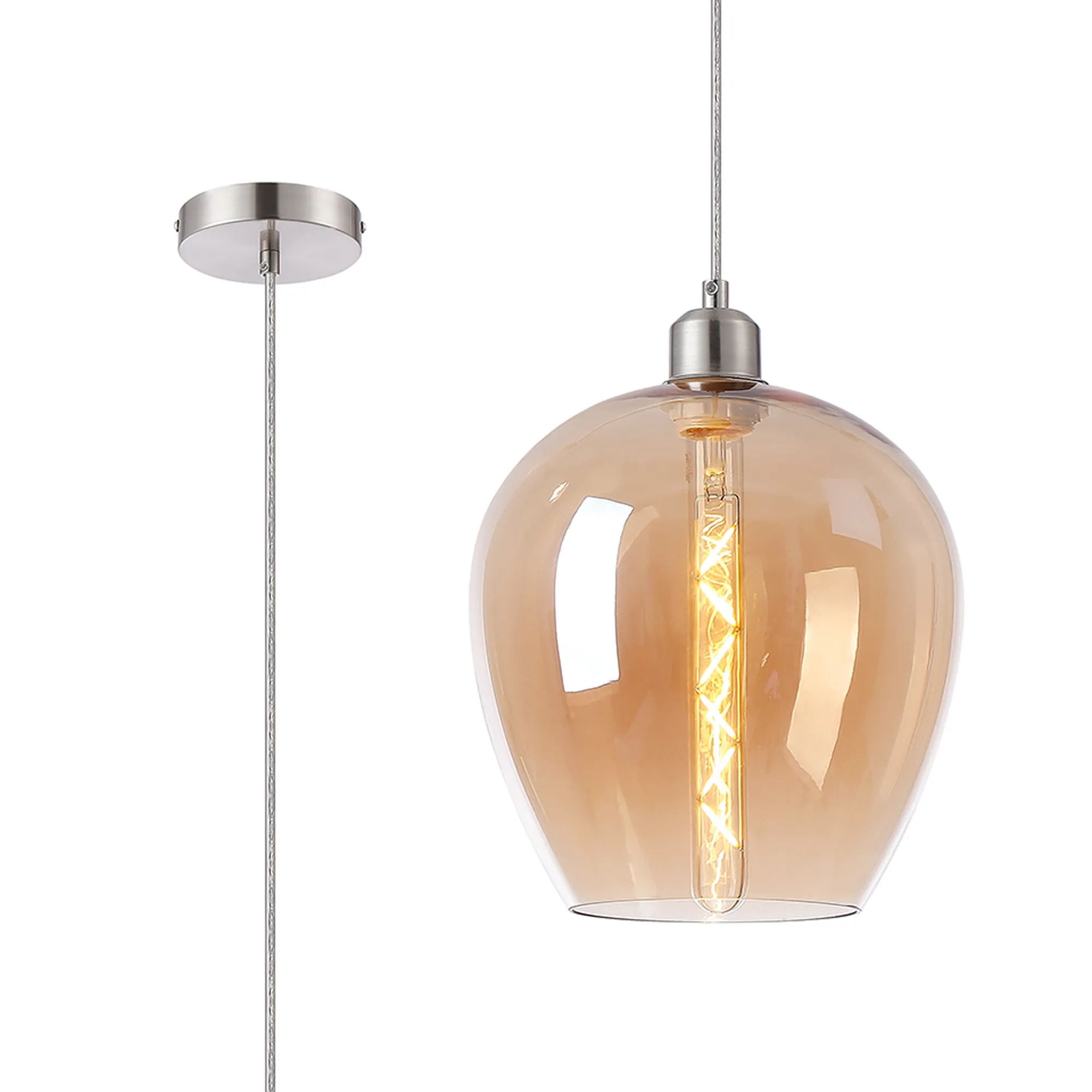 DK1113  Cawdor Single Pendant, 1 Light E27, Satin Nickel/Clear/Amber Wine Glass